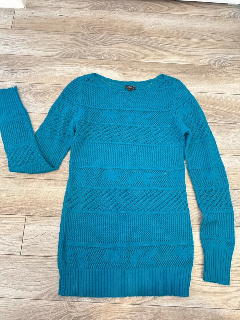Teal Open-Knit Crewneck Women’s Sweater